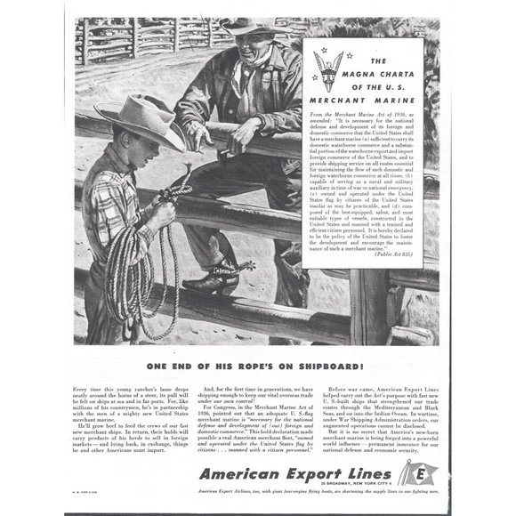 1944 American Export Lines Merchant Marine Vintage Print Ad WW2 Cowboy Wall Art - Picture 1 of 1